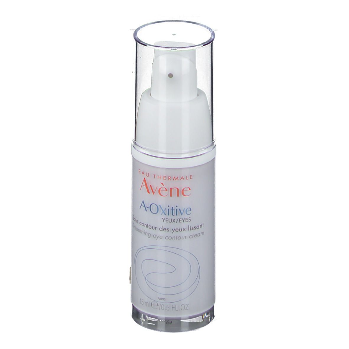 Flacon blanc avec pompe. Inscription: Eau Thermale Avène, A-Oxitive, crème contour des yeux. 15 ml.