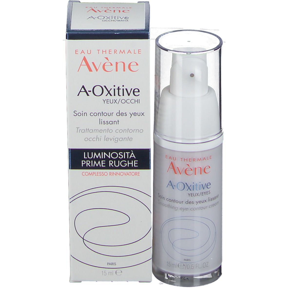 Emballage en carton et flacon. Inscription: Eau Thermale Avène, A-Oxitive, crème contour des yeux. 15 ml.