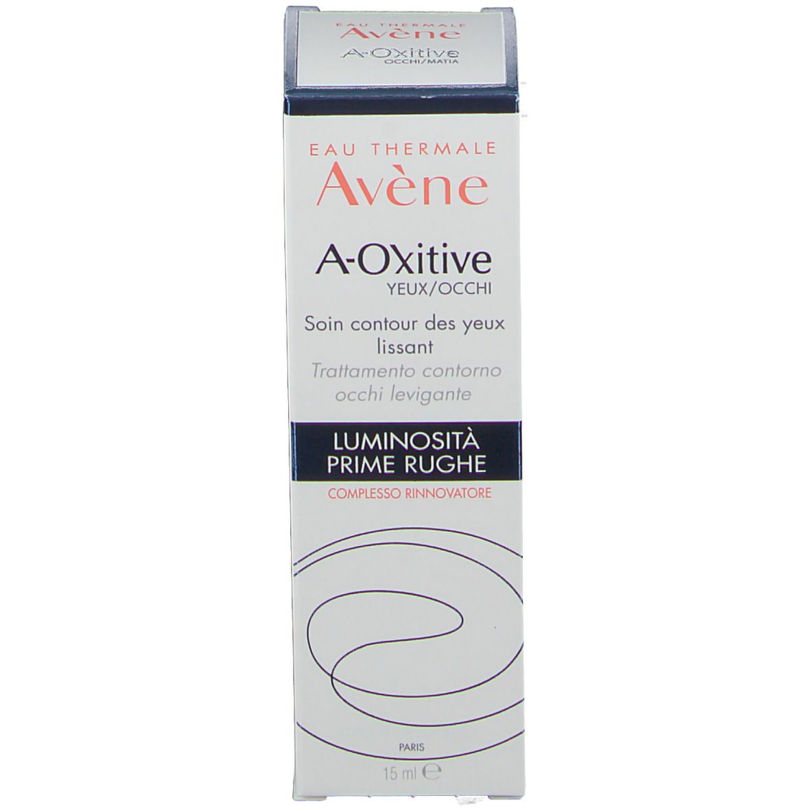 Emballage en carton. Inscription: Eau Thermale Avène, A-Oxitive, crème contour des yeux. 15 ml. Blanc et bleu.