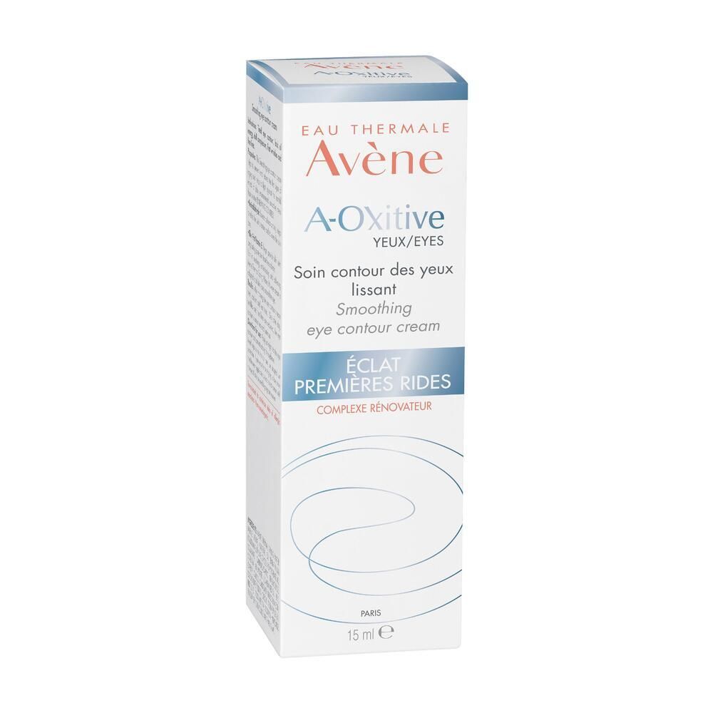 Emballage en carton. Inscription: Eau Thermale Avène, A-Oxitive, crème contour des yeux. 15 ml. Blanc et bleu.