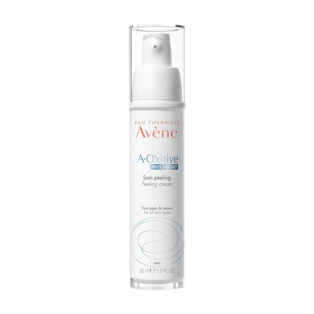 Flacone bianco con dosatore e tappo trasparente. Scritta: A-Oxitive, Soin peeling nuit. Per tutti i tipi di pelle.