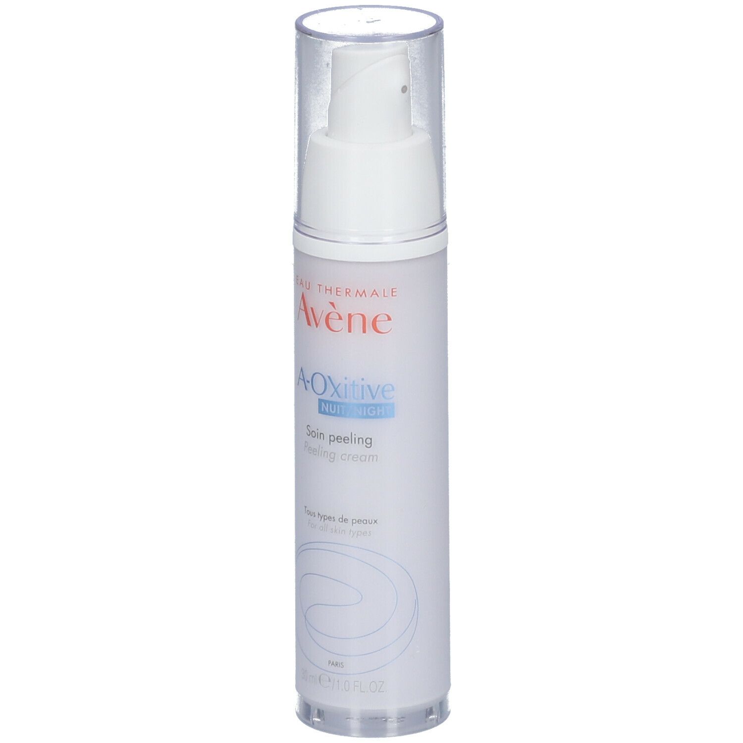 Flacone bianco con dosatore e tappo trasparente. Scritta: A-Oxitive, Soin peeling nuit. Per tutti i tipi di pelle.