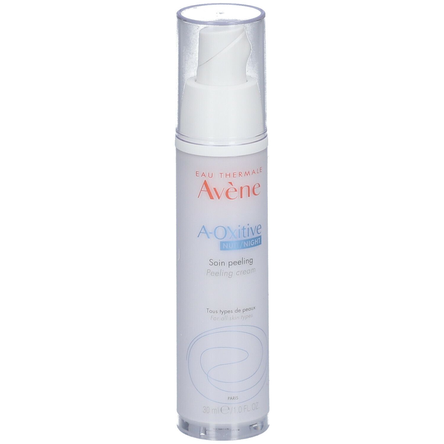Flacone bianco con dosatore e tappo trasparente. Scritta: A-Oxitive, Soin peeling nuit. Per tutti i tipi di pelle.