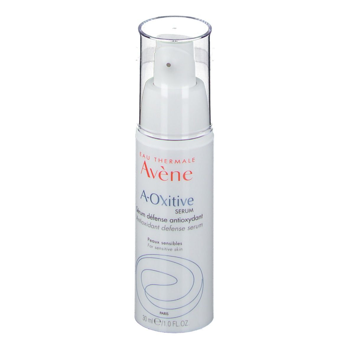 Flacon de sérum blanc avec pompe. Inscription : Avene A-Oxitive Sérum. 30 ml.