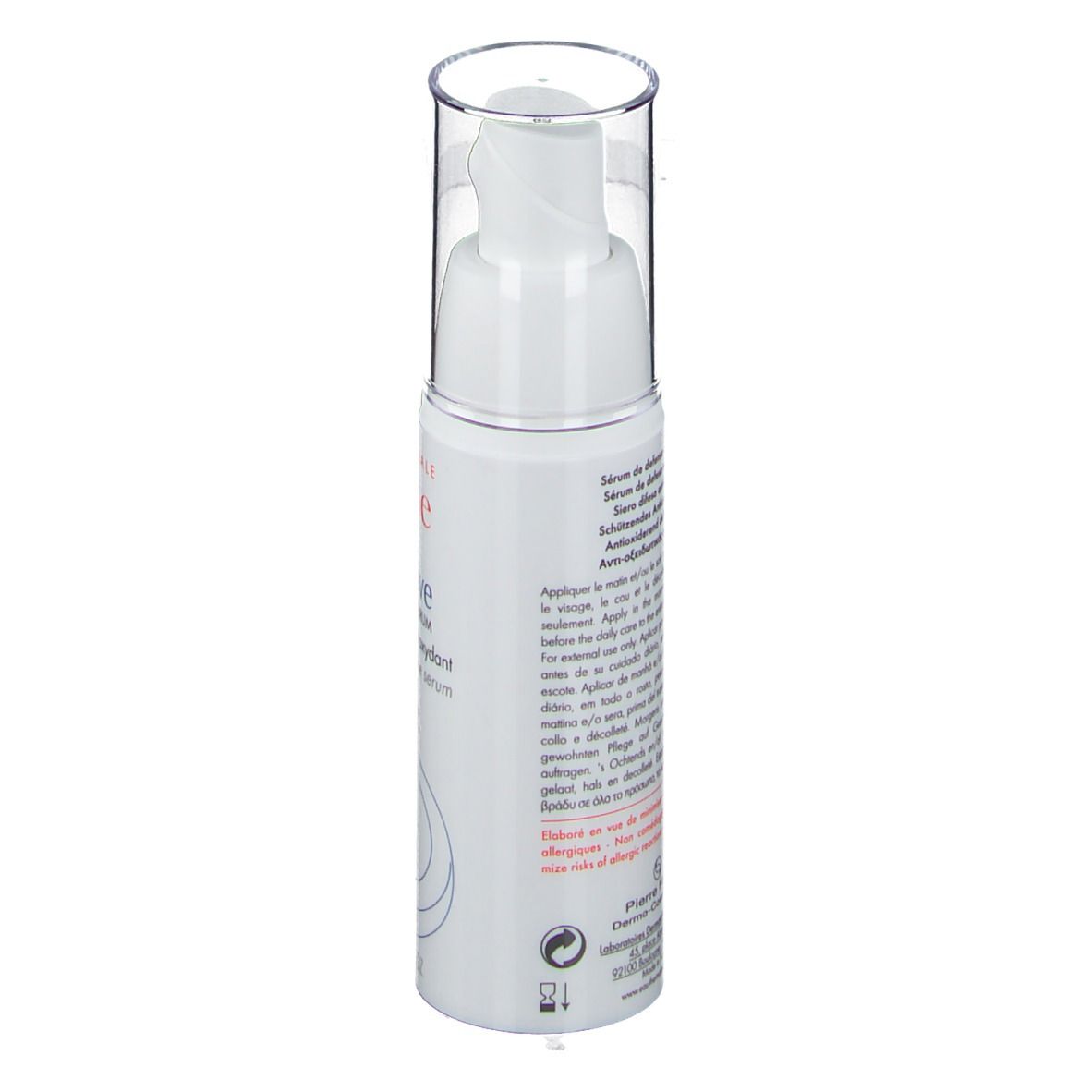 Dos du flacon de sérum blanc. Texte en plusieurs langues. 30 ml.