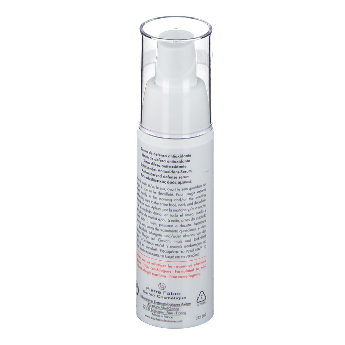 Dos du flacon de sérum blanc. Texte en plusieurs langues. 30 ml.