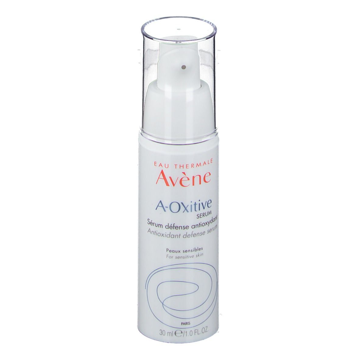 Flacon de sérum blanc avec pompe. Inscription : Avene A-Oxitive Sérum. 30 ml.