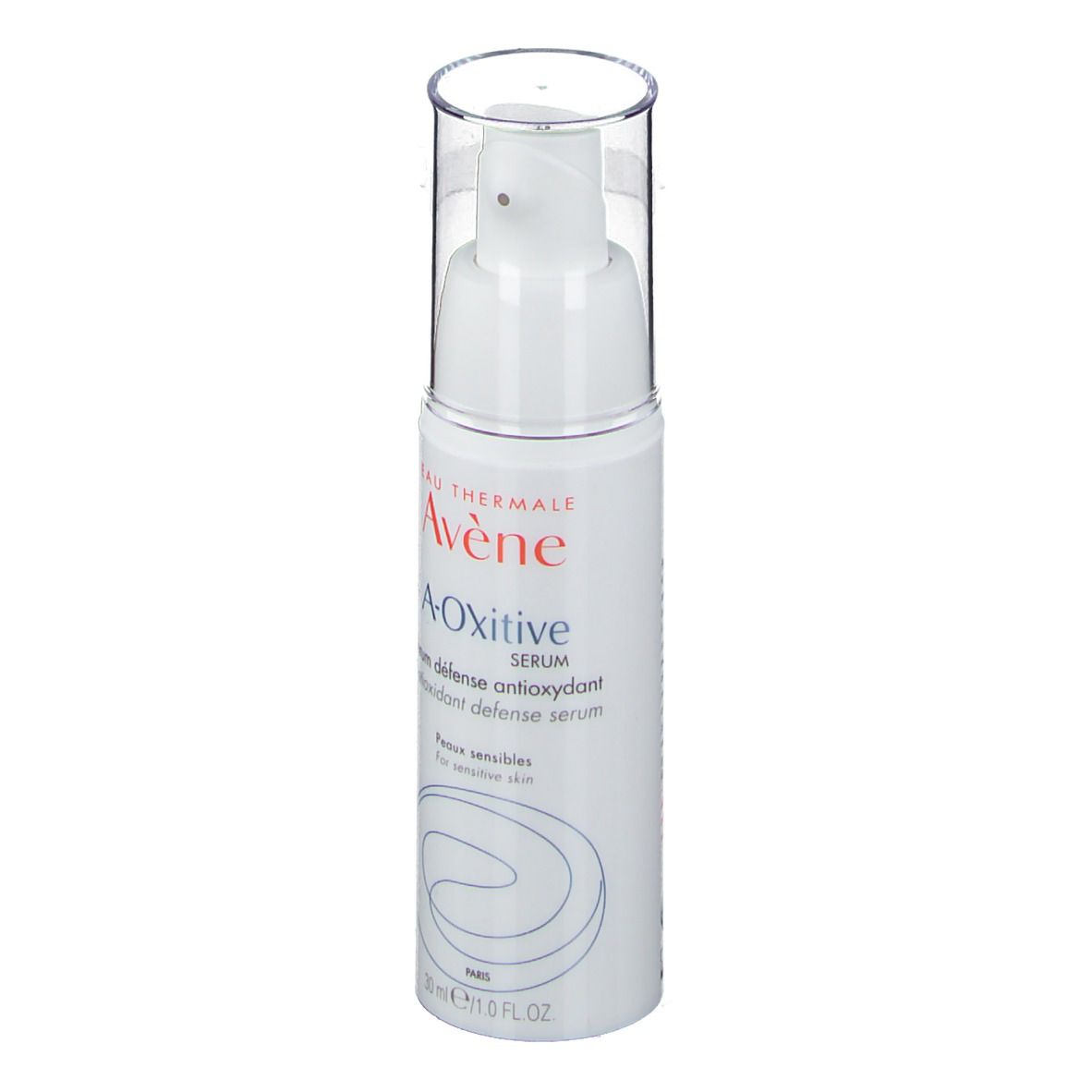 Flacon de sérum blanc avec pompe. Inscription : Avene A-Oxitive Sérum. 30 ml.