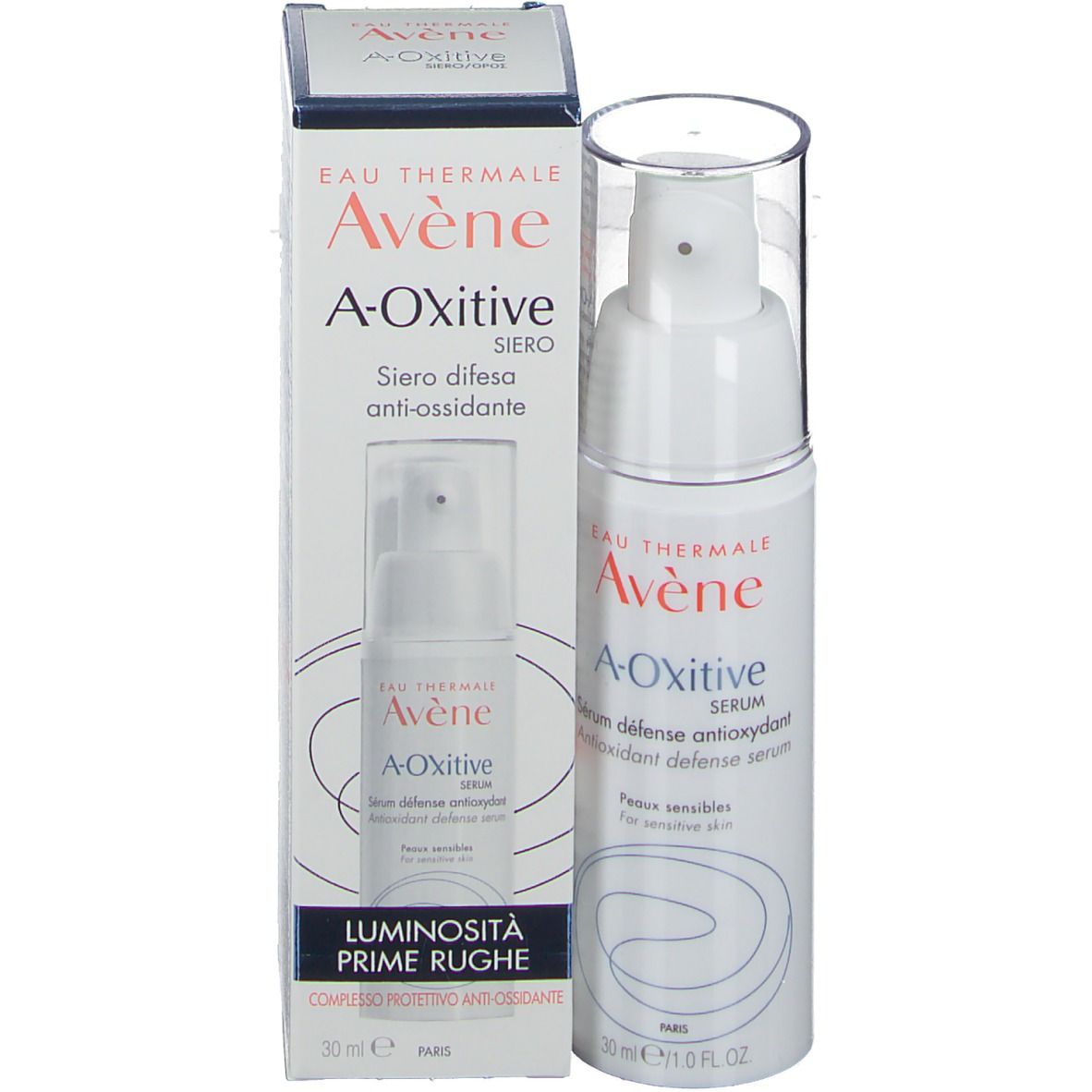 Flacon et emballage Avene A-Oxitive Sérum. Inscription : Siero, Anti-ossidante. 30 ml.