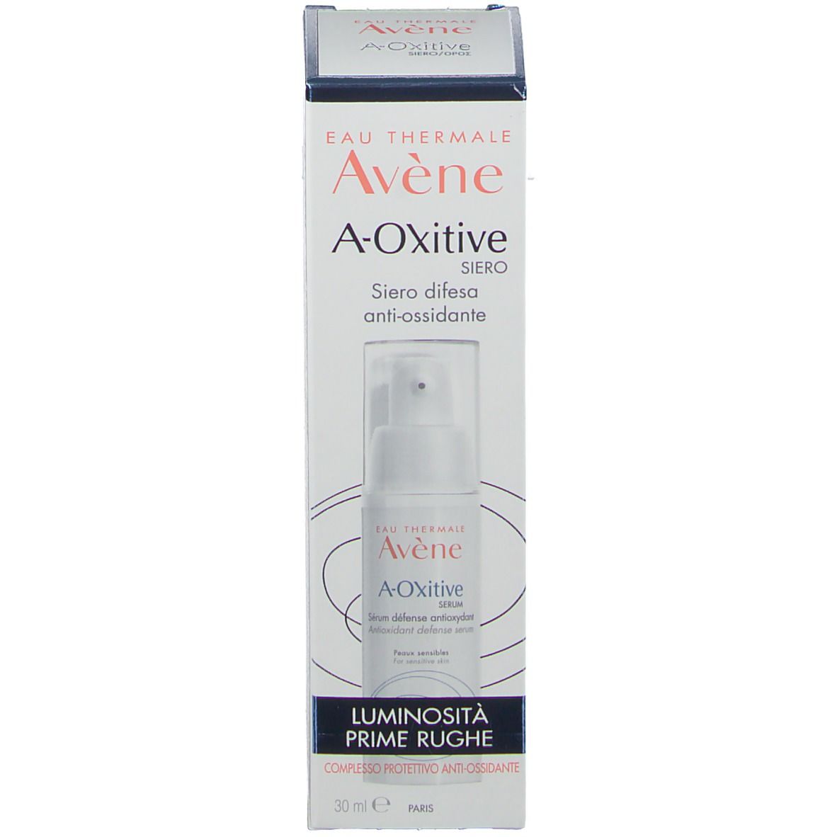 Flacon et emballage Avene A-Oxitive Sérum. Inscription : Siero, Anti-ossidante. 30 ml.