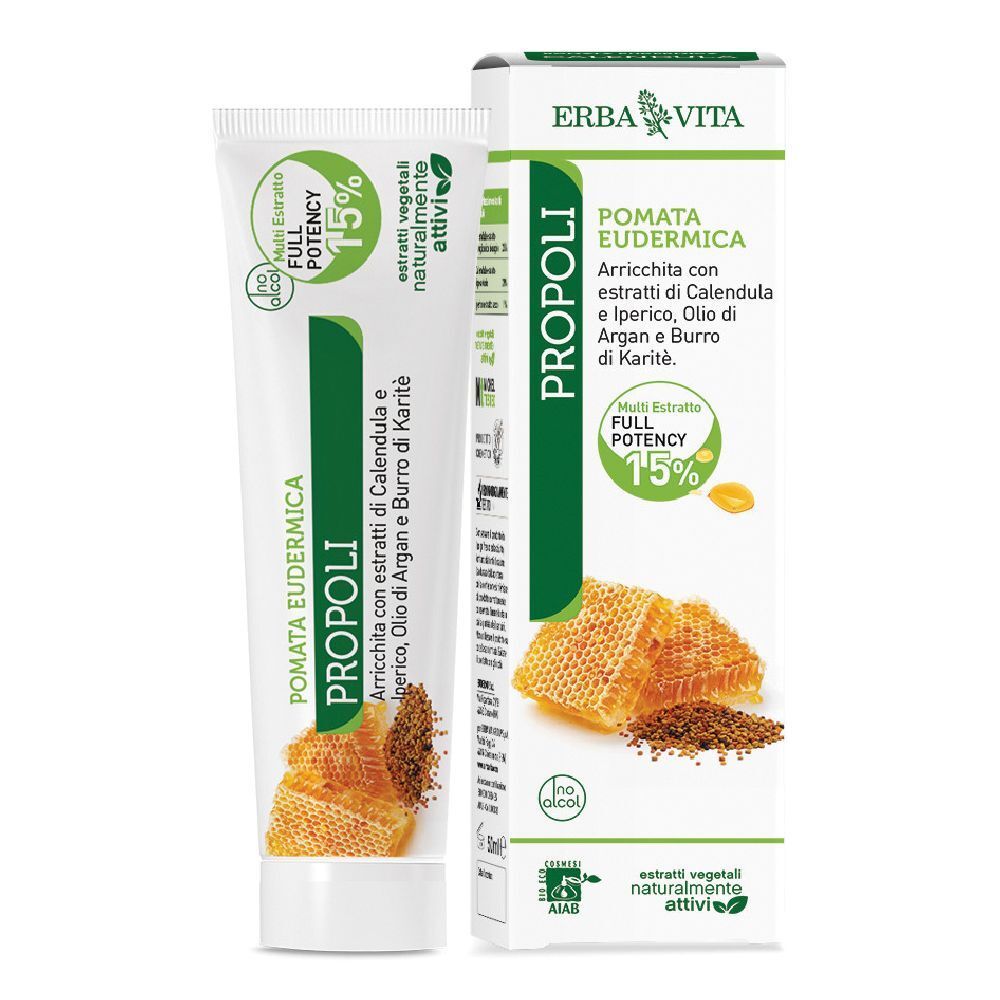 Tubo e scatola di crema. Scritta: Pomata Eudermica Propoli. Illustrazione a nido d'ape. 15% di potenza.