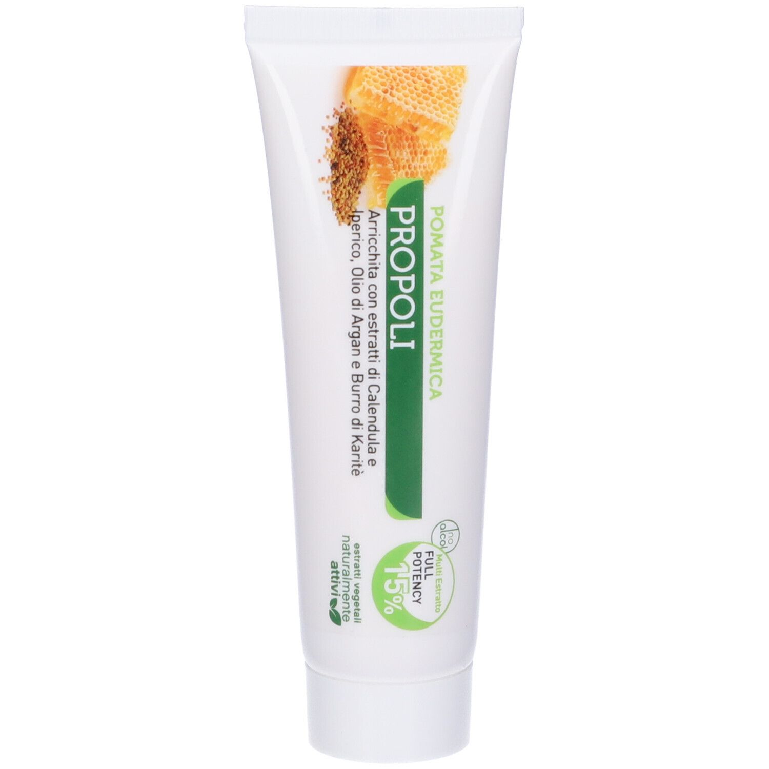 Tubo bianco con scritta: Pomata Eudermica Propoli. Illustrazione a nido d'ape. 15% di potenza.
