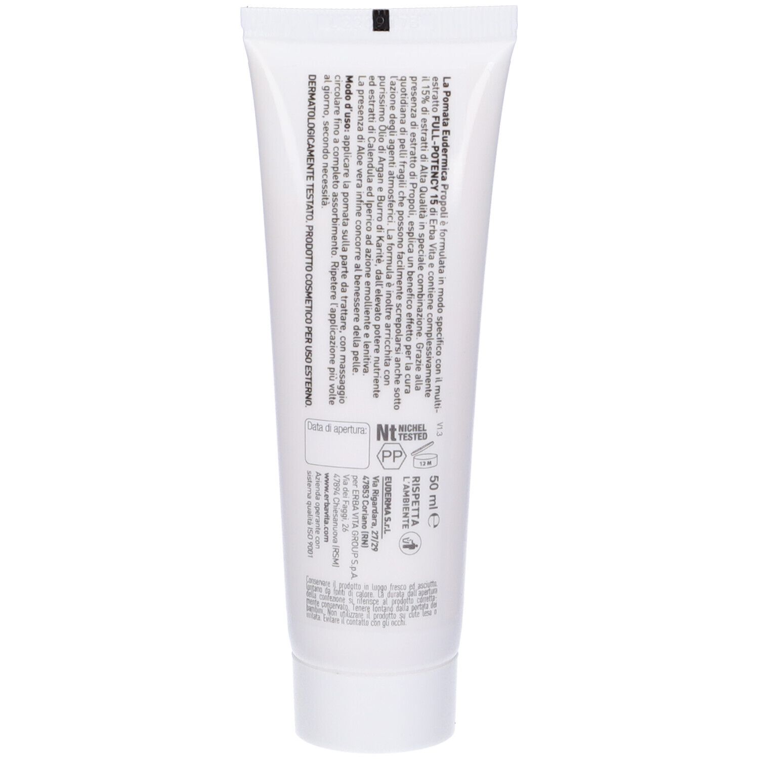 Retro del tubo. Testo: informazioni sul prodotto, ingredienti, produttore. 50 ml.