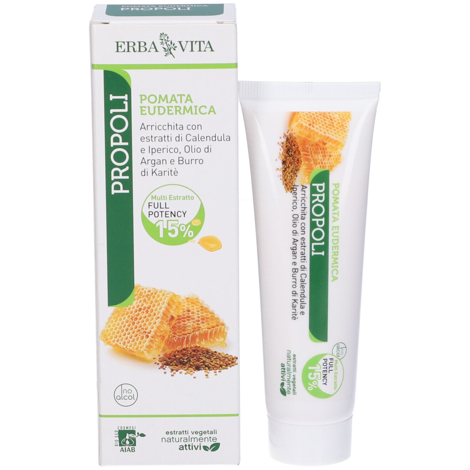 Tubo e scatola di crema. Scritta: Pomata Eudermica Propoli. Illustrazione a nido d'ape. 15% di potenza.