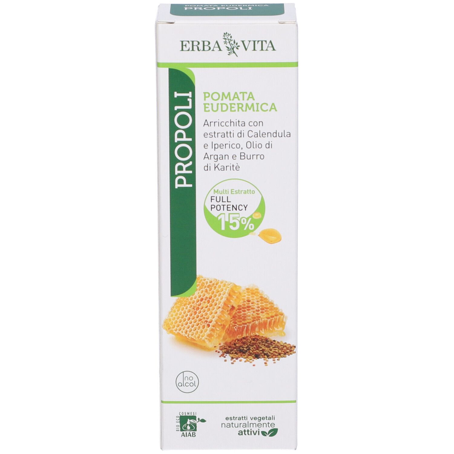 Scatola con scritta: Pomata Eudermica Propoli. Illustrazione a nido d'ape. 15% di potenza.
