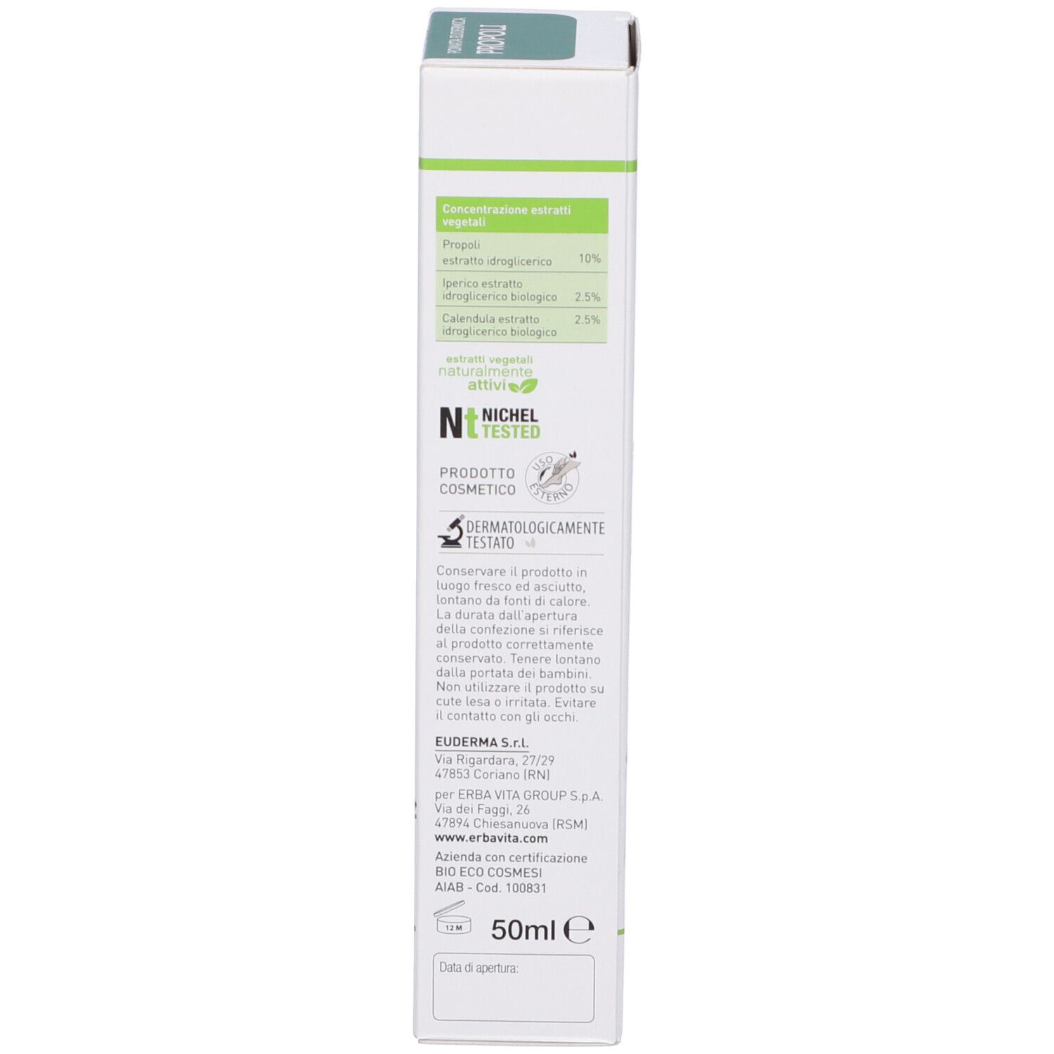 Scatola, vista laterale. Testo: ingredienti, informazioni del produttore, 50 ml.