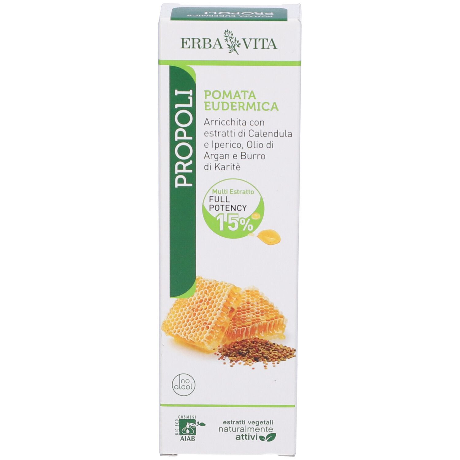 Scatola con scritta: Pomata Eudermica Propoli. Illustrazione a nido d'ape. 15% di potenza.