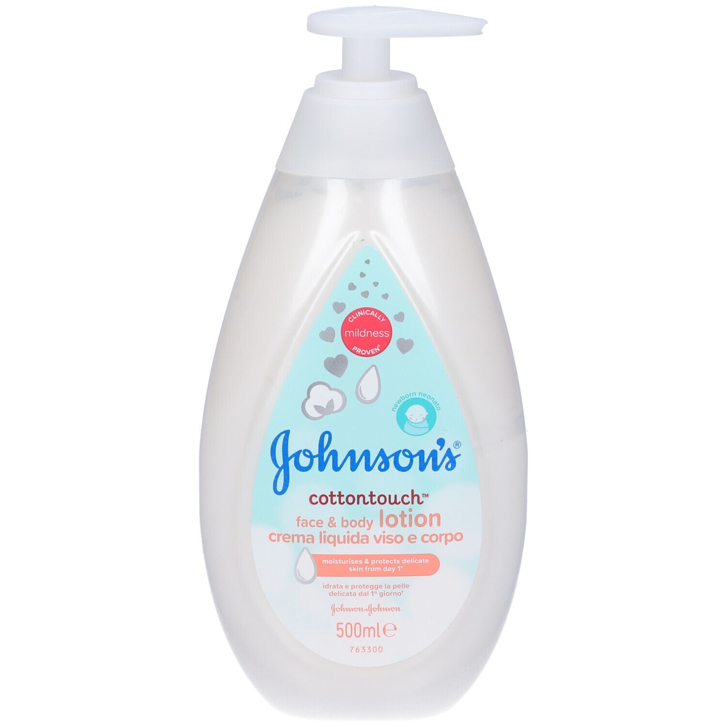 Flacone bianco JOHNSON'S® Cottontouch™ con dosatore. Crema viso e corpo. Scritte in italiano.