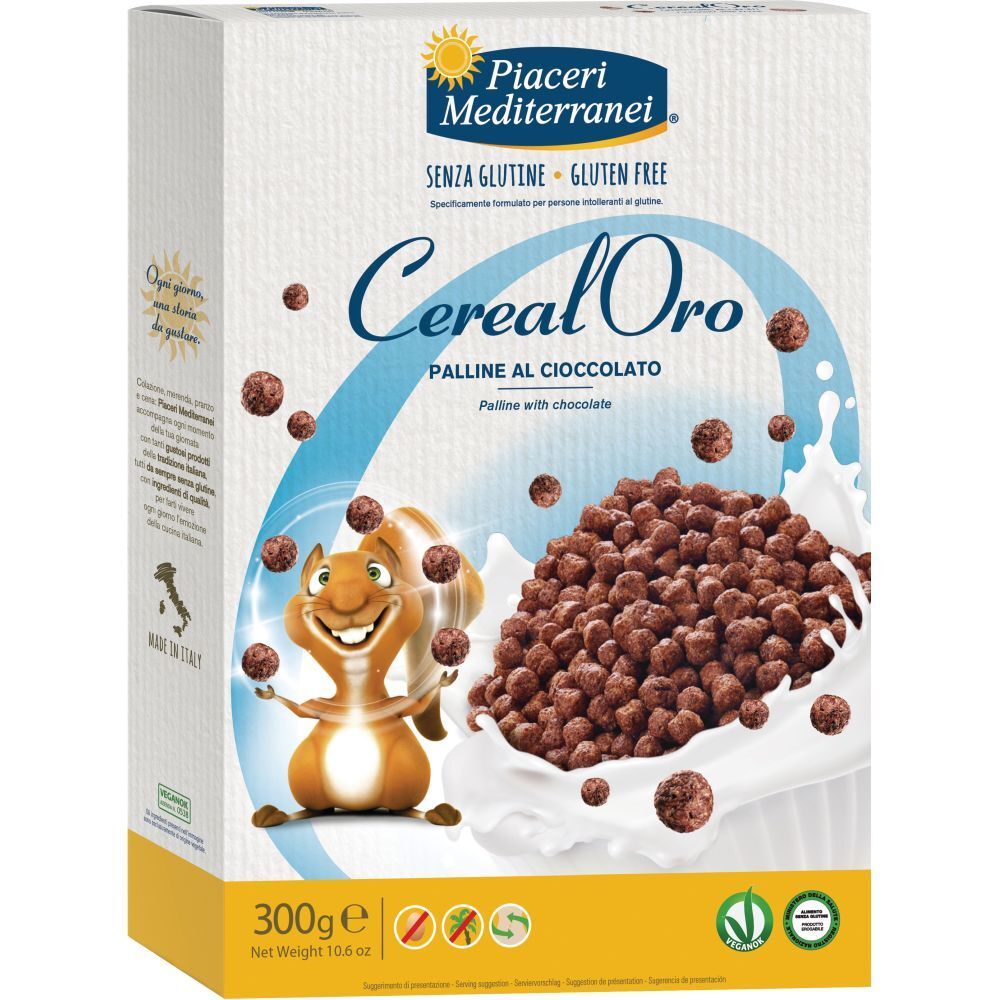 Confezione di Cerealoro, palline al cioccolato. Marchio Piaceri Mediterranei. Senza glutine. 300g.