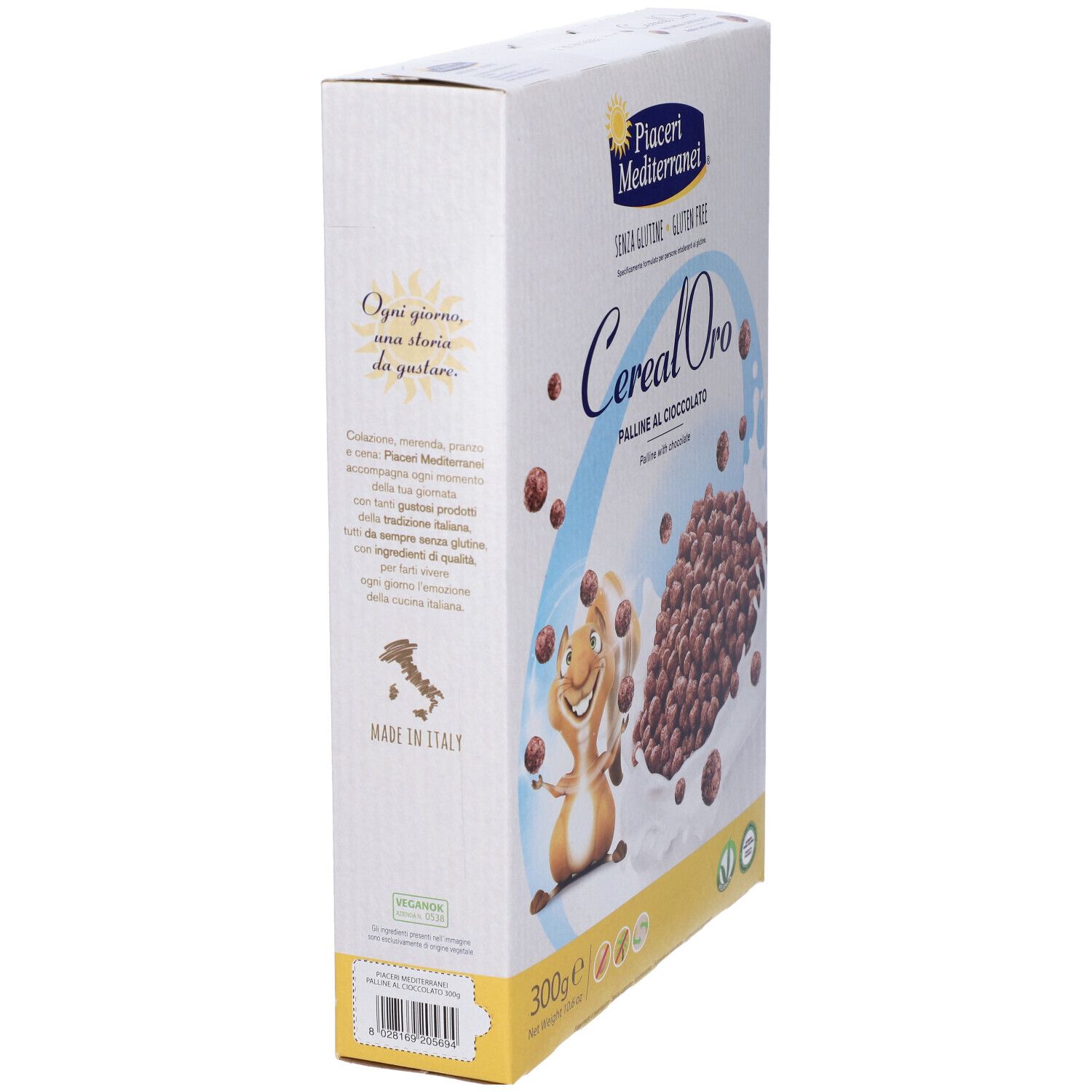 Vista laterale della confezione Cerealoro. Marchio Piaceri Mediterranei. Senza glutine. 300g. Illustrazione.