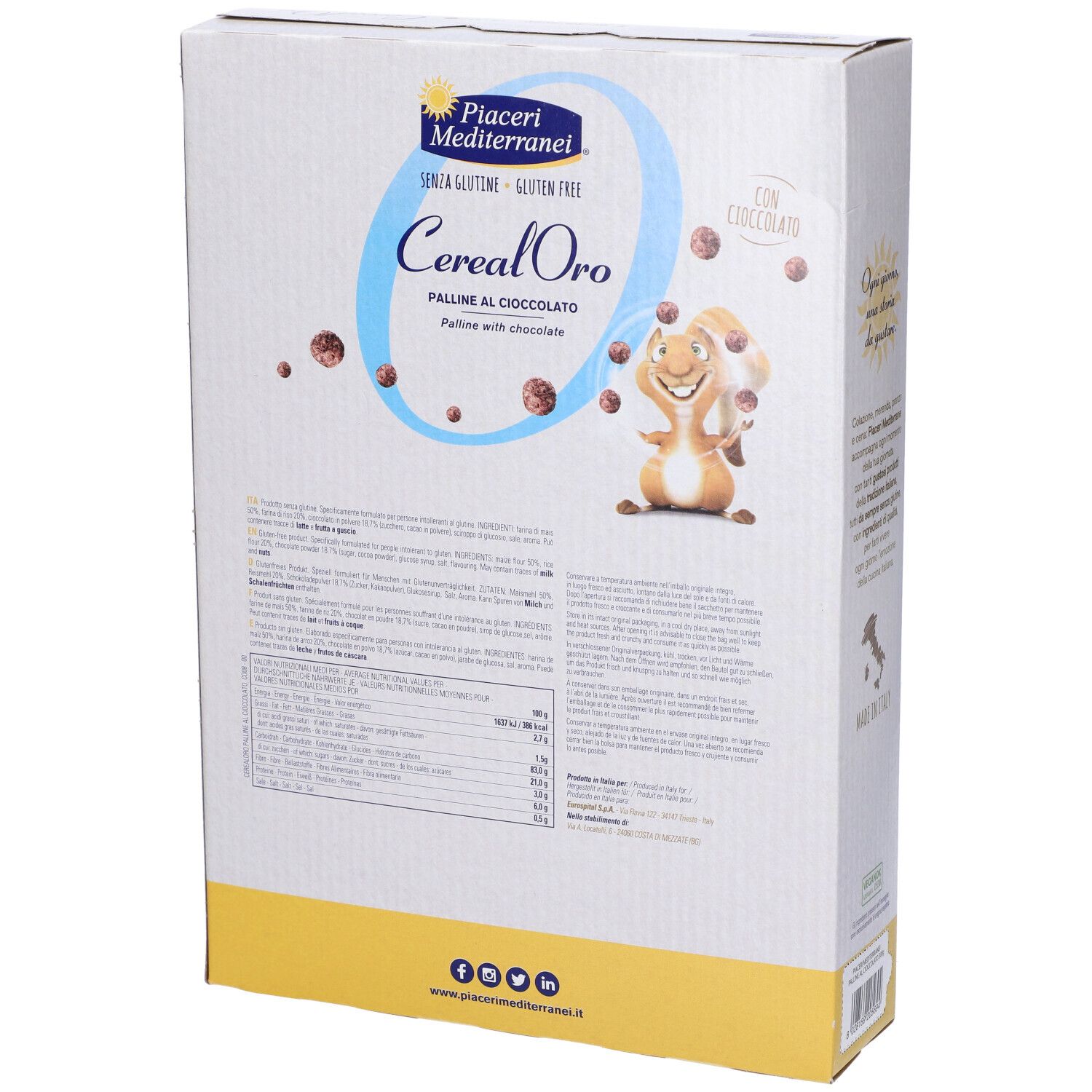 Retro della confezione Cerealoro. Marchio Piaceri Mediterranei. Senza glutine. Informazioni nutrizionali. Made in Italy.