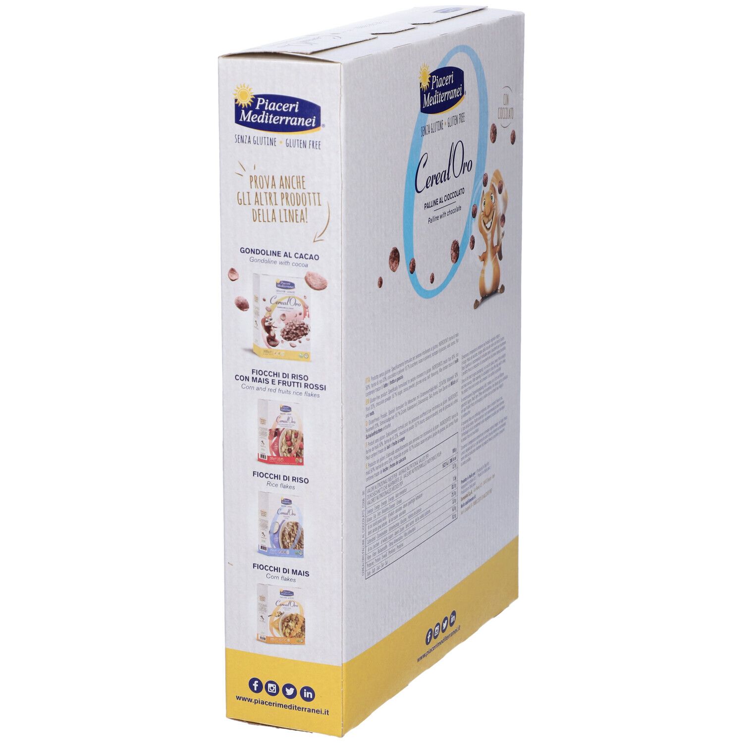 Vista laterale della confezione Cerealoro. Marchio Piaceri Mediterranei. Senza glutine. Panoramica dei prodotti sul lato.