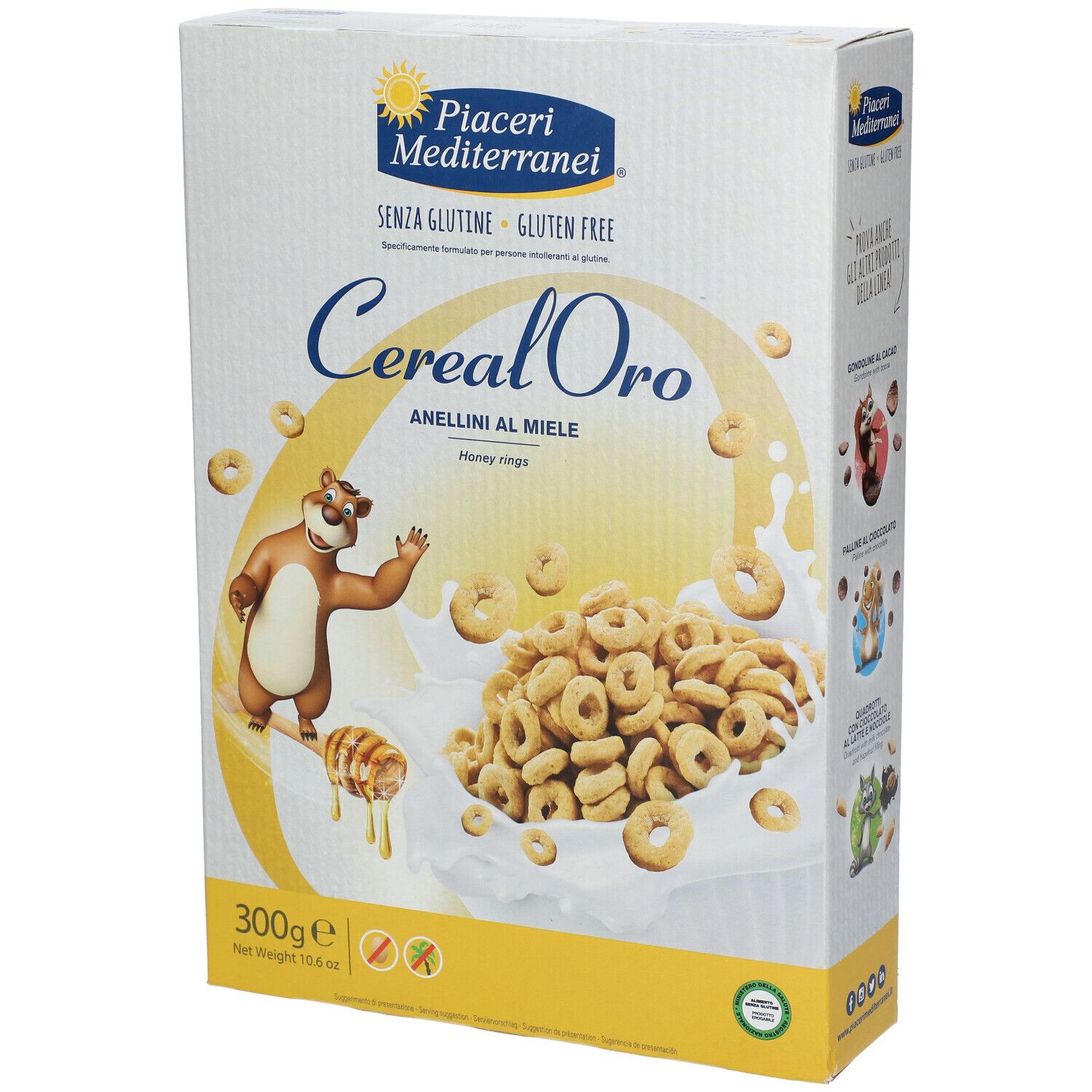 Confezione di Piaceri Mediterranei Cereal Oro Anellini al Miele. Scritte: senza glutine, 300g, anellini al miele, illustrazione orso.