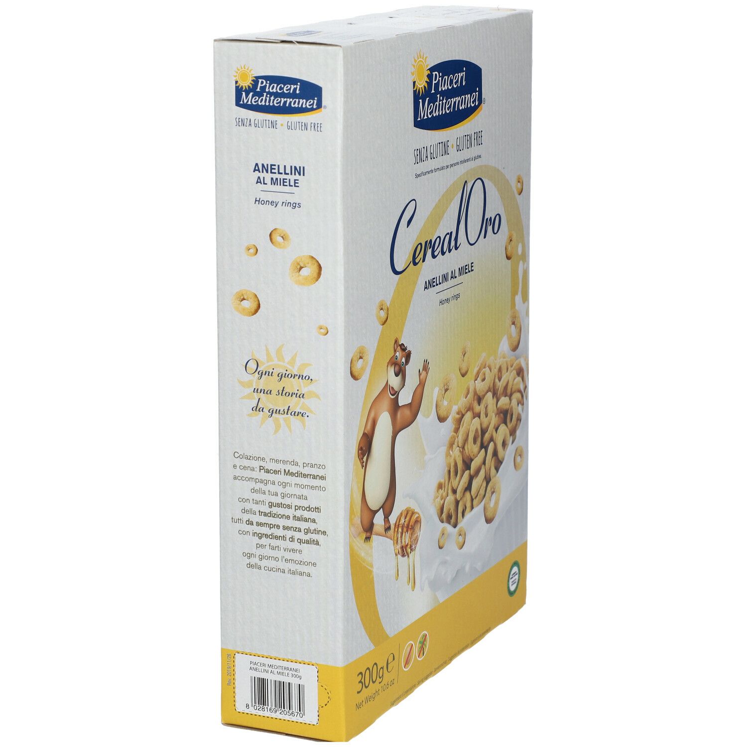 Vista laterale della confezione Piaceri Mediterranei Cereal Oro Anellini al Miele. Scritte: senza glutine, anellini al miele, illustrazione orso, 300g.