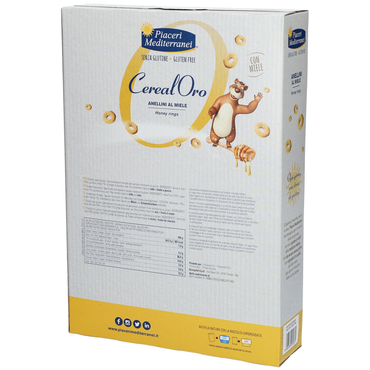 Retro della confezione Piaceri Mediterranei Cereal Oro Anellini al Miele. Testo e informazioni nutrizionali. Logo e illustrazioni.