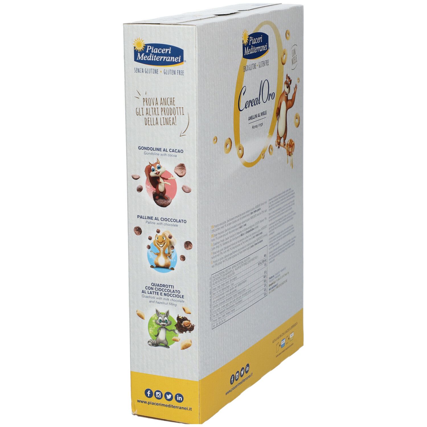 Vista laterale della confezione Piaceri Mediterranei Cereal Oro Anellini al Miele. Immagini di prodotti e testo. Logo e illustrazioni.