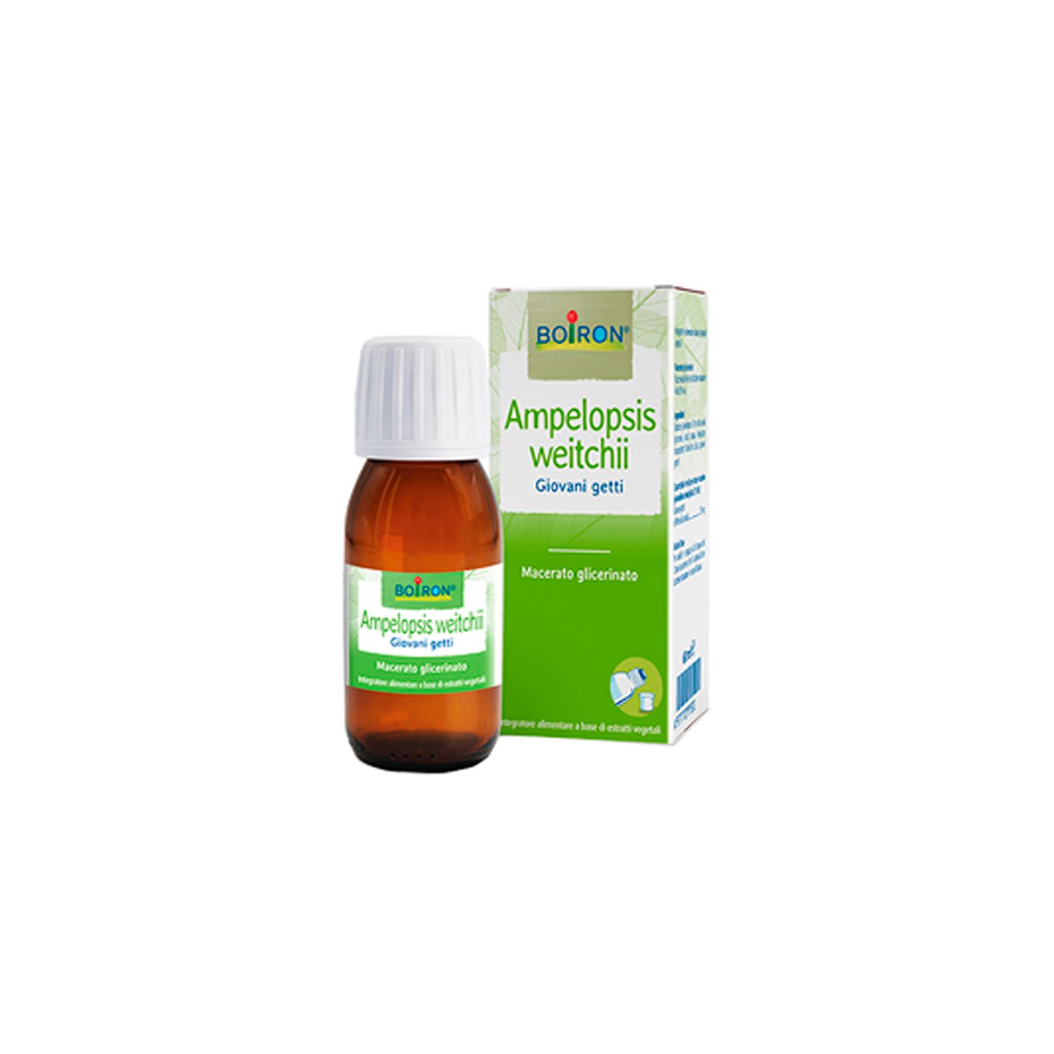 Flacone di vetro marrone con tappo bianco ed etichetta. Scatola verde con informazioni sul prodotto. BOIRON Ampelopsis weitchii.