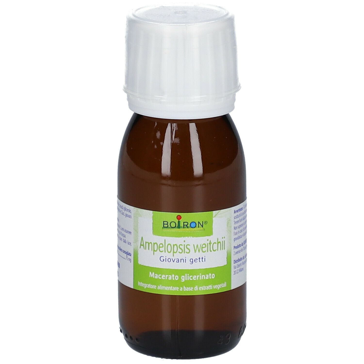 Flacone di vetro marrone con tappo bianco. Etichetta con nome del prodotto: BOIRON Ampelopsis weitchii. Macerato glicerinato.