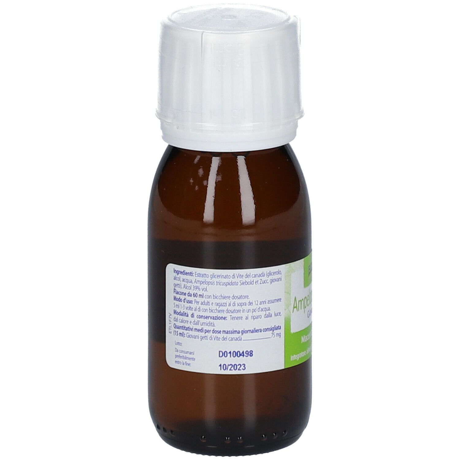 Flacone di vetro marrone con tappo bianco. Etichetta con informazioni sul prodotto. BOIRON Ampelopsis weitchii. Macerato glicerinato.