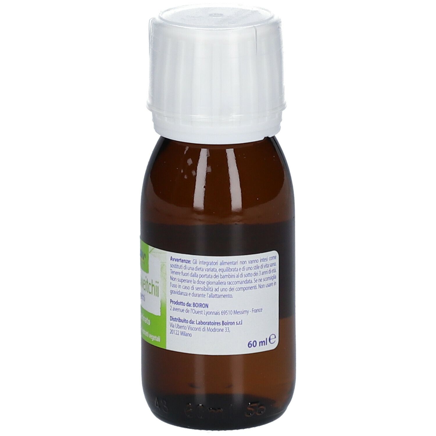 Flacone di vetro marrone con tappo bianco. Etichetta con informazioni sul prodotto. BOIRON Ampelopsis weitchii. Macerato glicerinato. 60 ml.