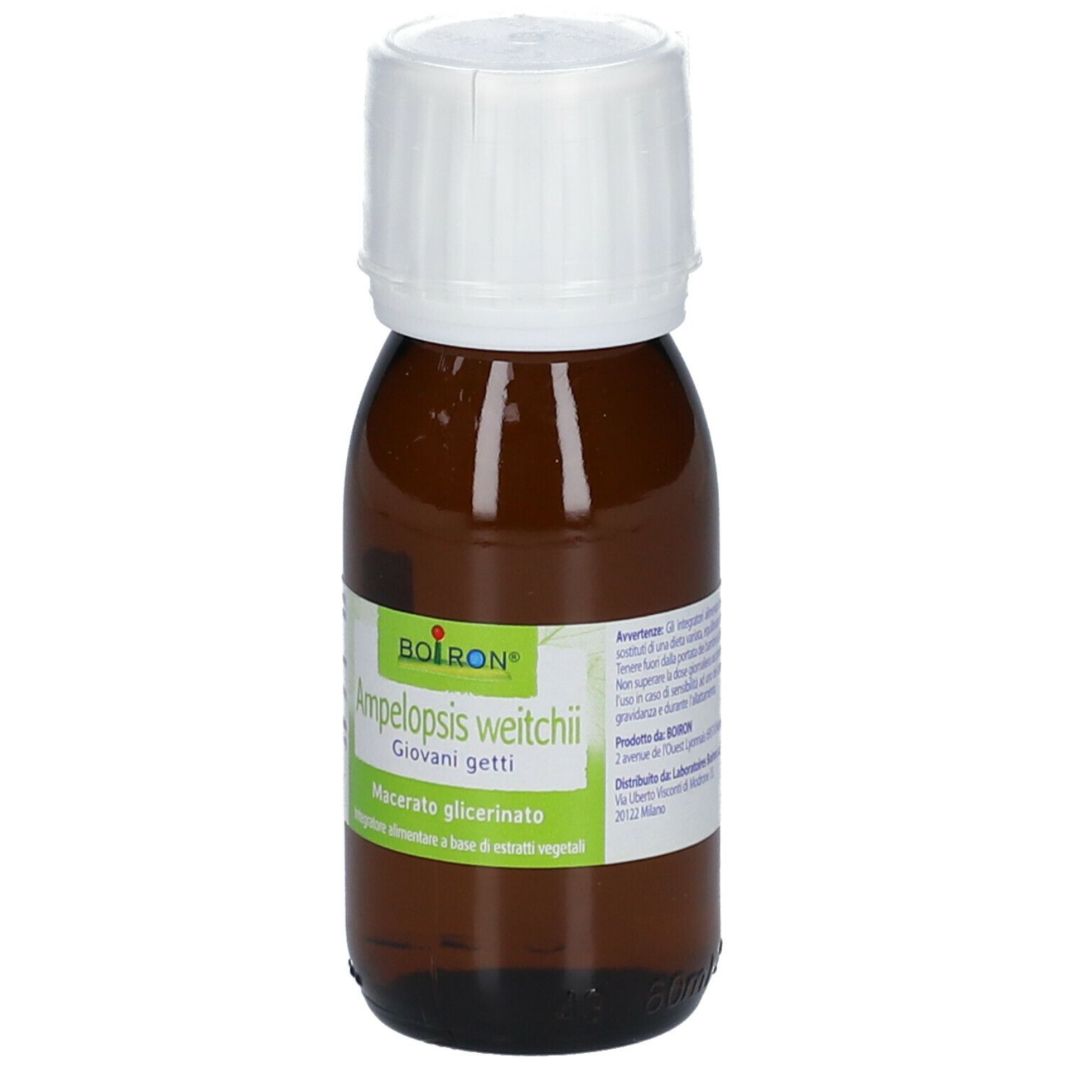Flacone di vetro marrone con tappo bianco. Etichetta con informazioni sul prodotto. BOIRON Ampelopsis weitchii. Macerato glicerinato. 60 ml.
