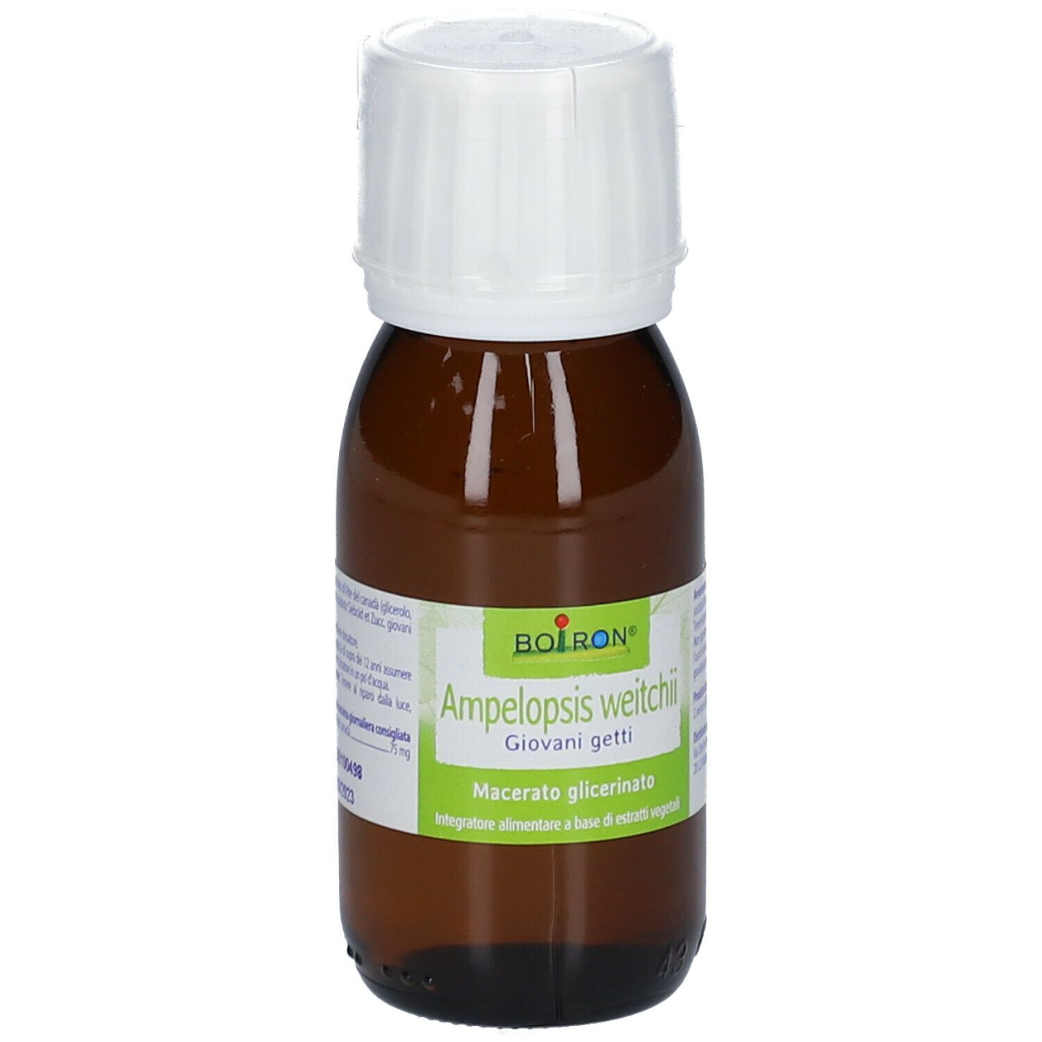 Flacone di vetro marrone con tappo bianco. Etichetta con informazioni sul prodotto. BOIRON Ampelopsis weitchii. Macerato glicerinato. 60 ml.