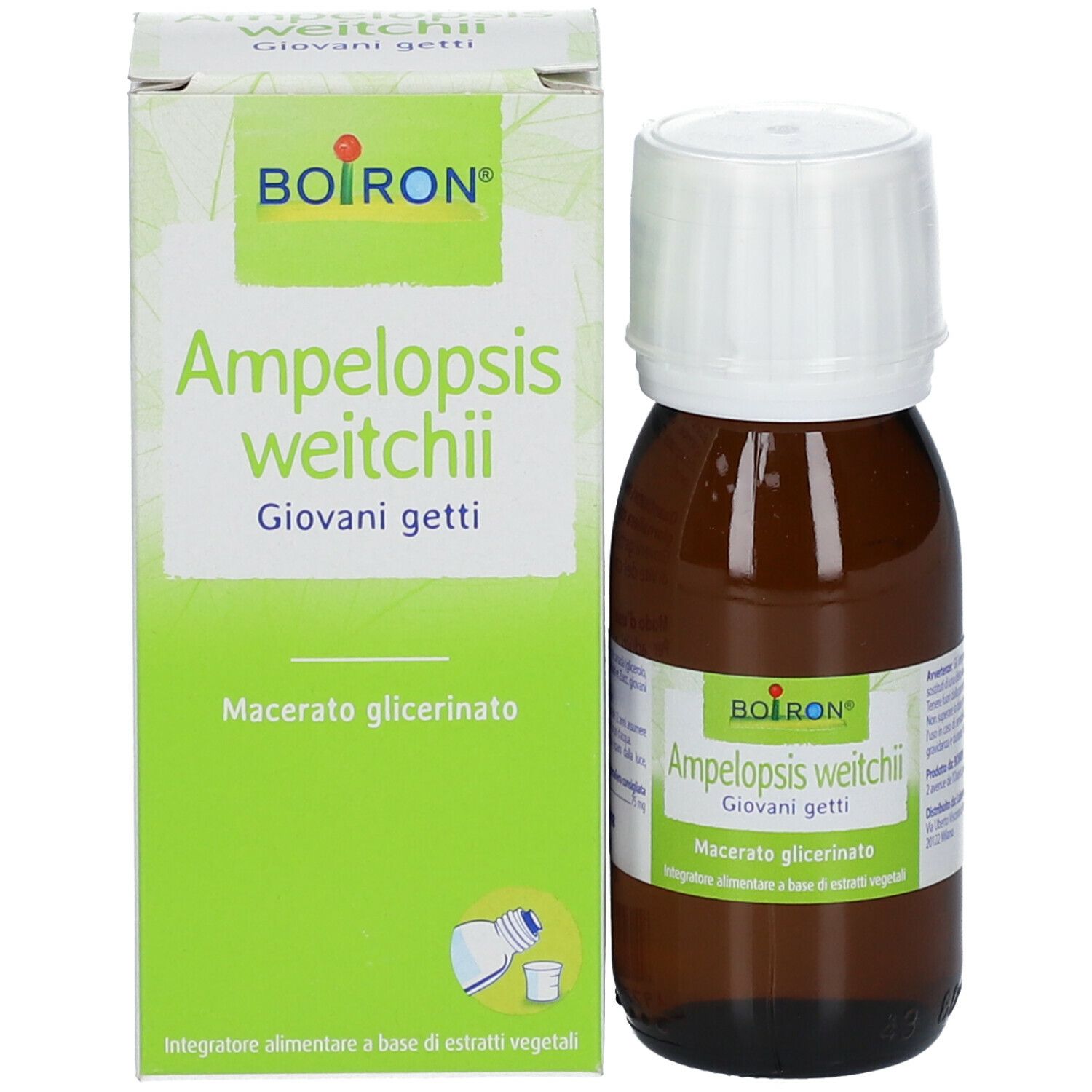 Flacone di vetro marrone con tappo bianco e scatola verde. BOIRON Ampelopsis weitchii. Macerato glicerinato. Informazioni sul prodotto.