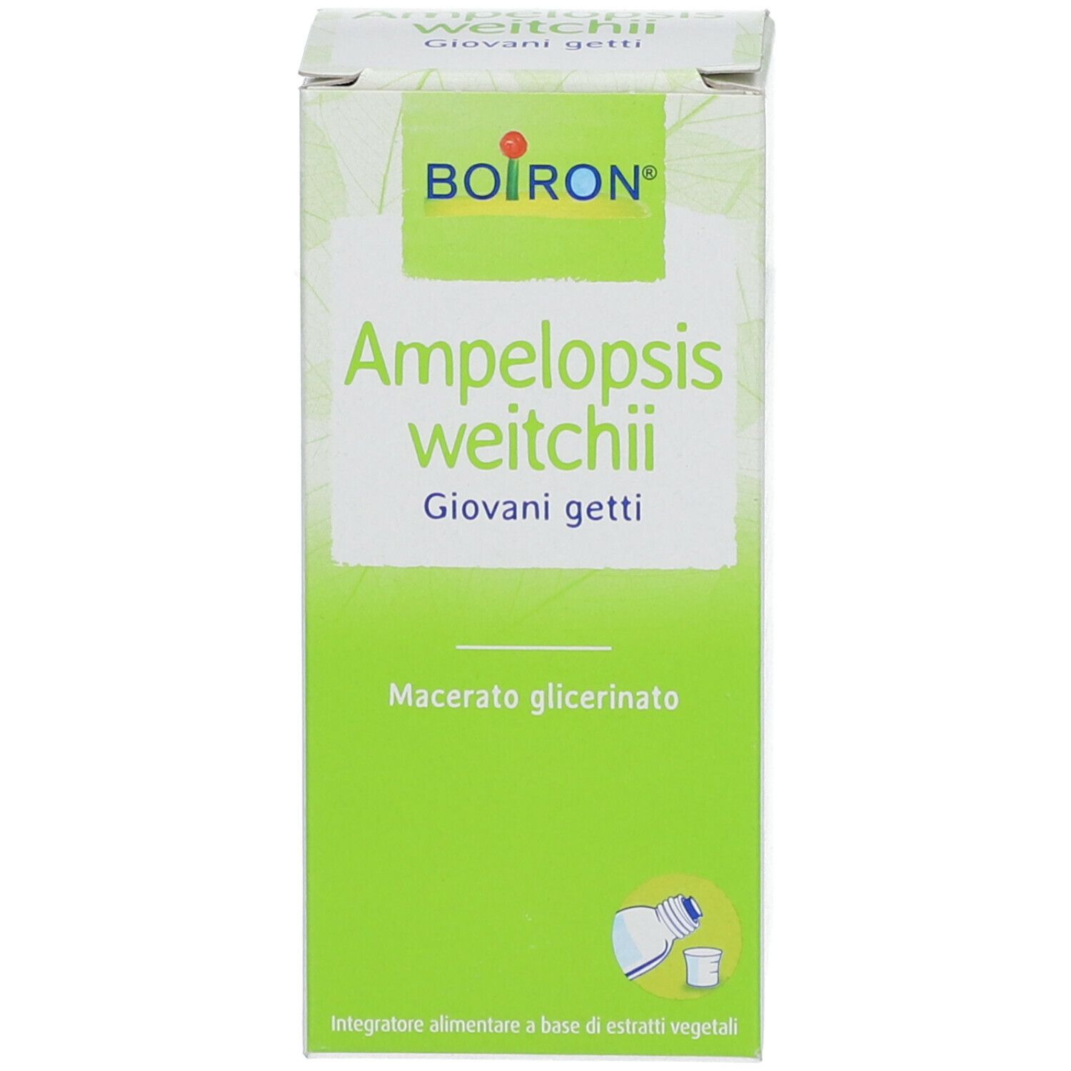Scatola verde con informazioni sul prodotto. BOIRON Ampelopsis weitchii. Macerato glicerinato. Nome del prodotto e marchio.
