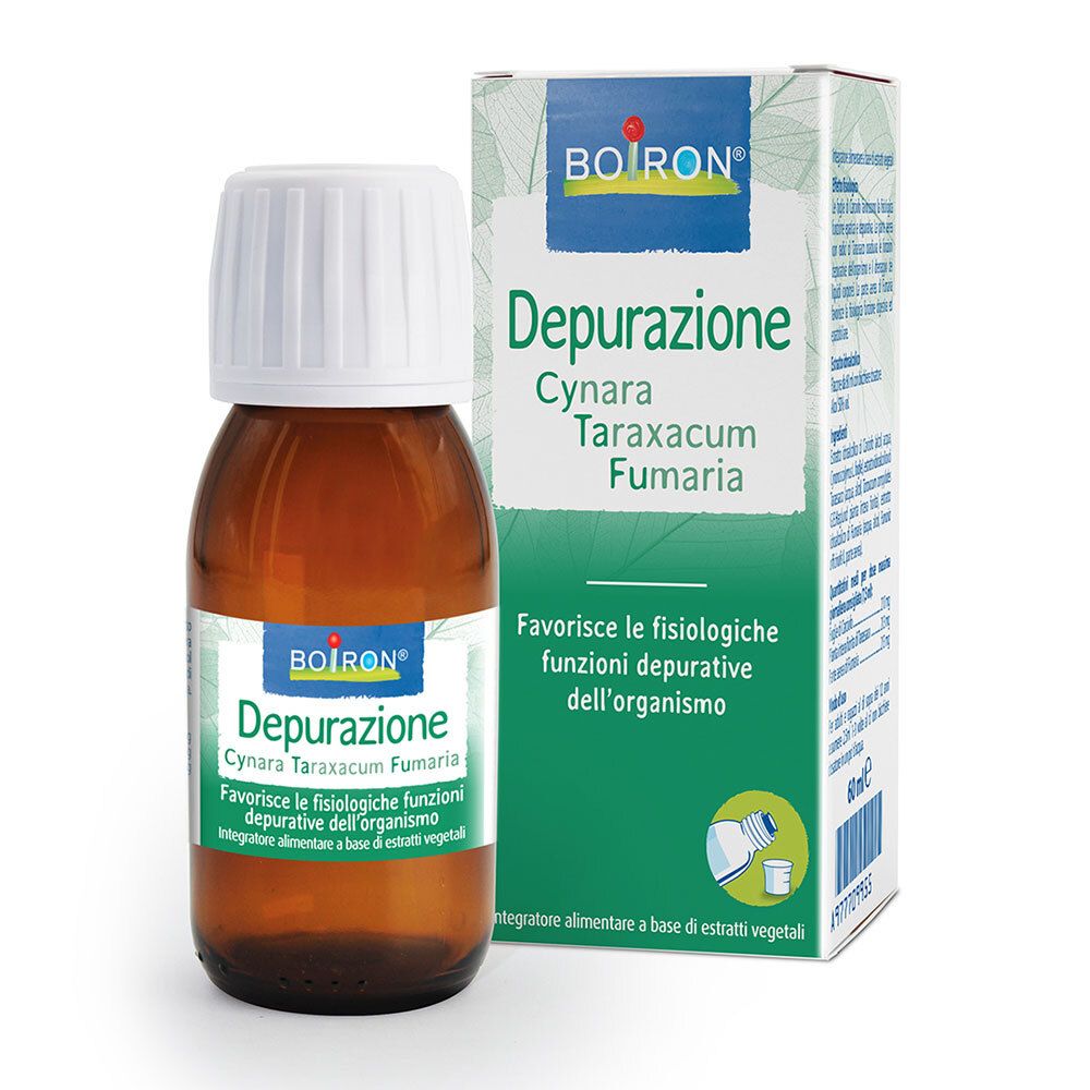 Flacone di vetro marrone con tappo bianco ed etichetta. Scatola con informazioni sul prodotto accanto. Scritta: BOIRON Depurazione.