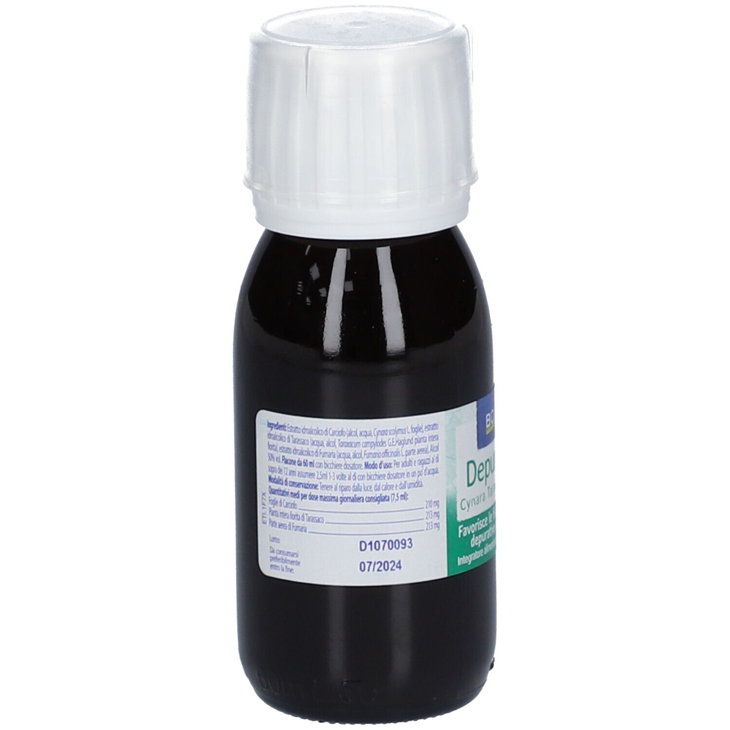 Flacone di vetro marrone con tappo bianco. Etichetta con informazioni sul prodotto e marchio BOIRON. Scritta: Depurazione Cynara Taraxacum Fumaria.