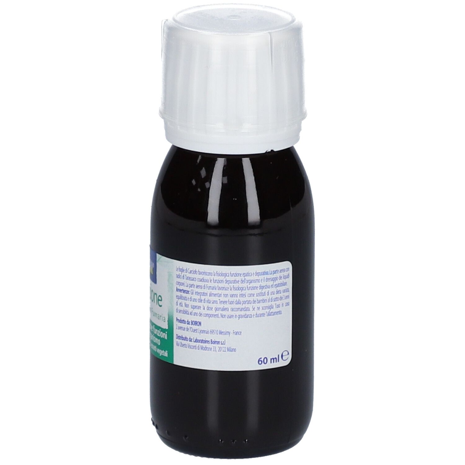 Flacone di vetro marrone con tappo bianco. Etichetta con informazioni sul prodotto e marchio BOIRON. Scritta: Depurazione Cynara Taraxacum Fumaria.
