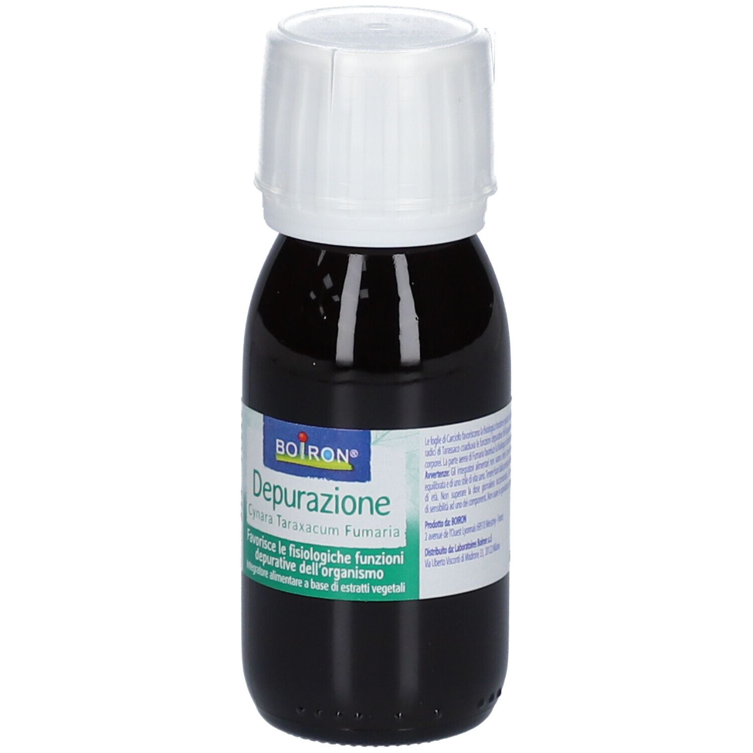 Flacone di vetro marrone con tappo bianco. Etichetta con informazioni sul prodotto e marchio BOIRON. Scritta: Depurazione Cynara Taraxacum Fumaria.