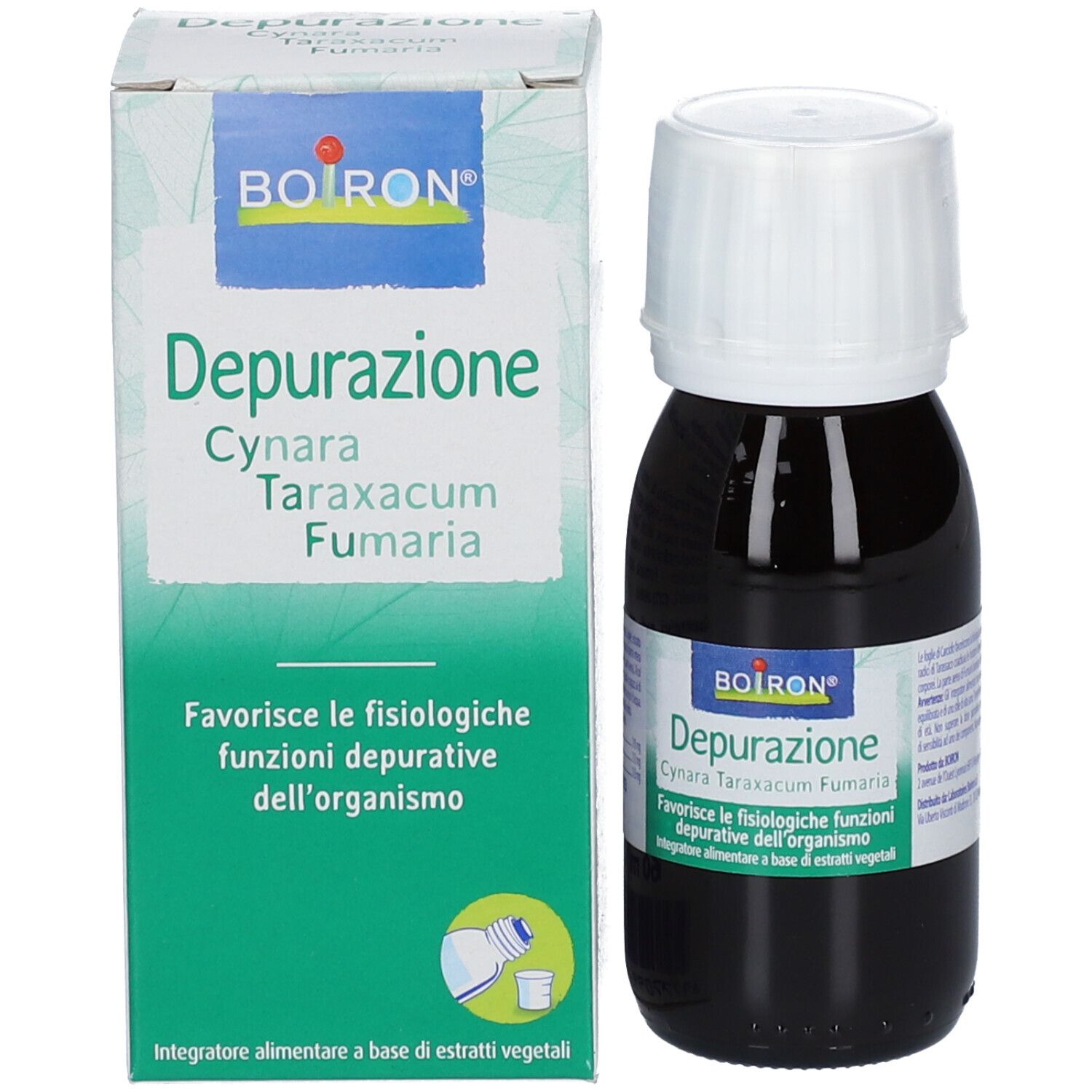 Flacone di vetro marrone con tappo bianco e scatola. Scritta: BOIRON Depurazione Cynara Taraxacum Fumaria. Informazioni sul prodotto.