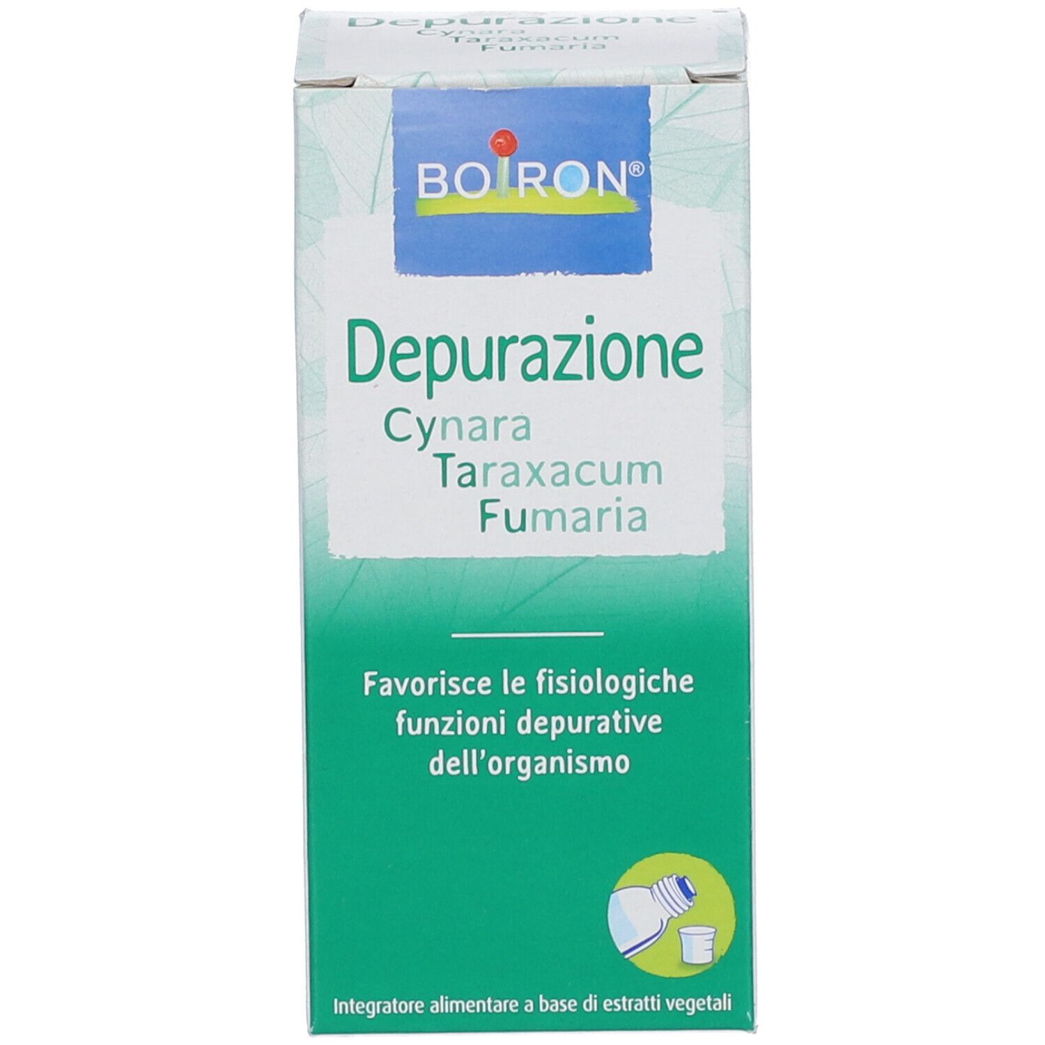 Scatola con informazioni sul prodotto. Scritta: BOIRON Depurazione Cynara Taraxacum Fumaria. Colori verde e bianco.