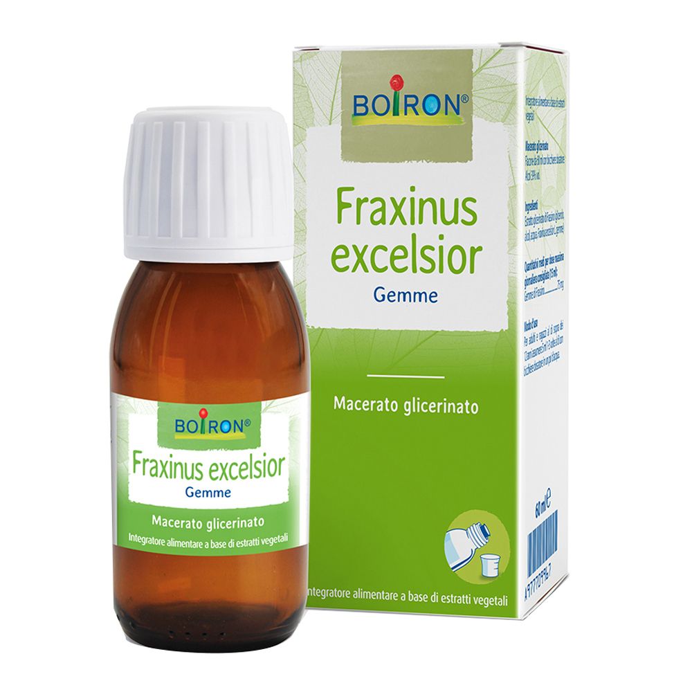 Flacone di vetro marrone con tappo bianco ed etichetta. L'etichetta indica BOIRON Fraxinus excelsior Gemme.