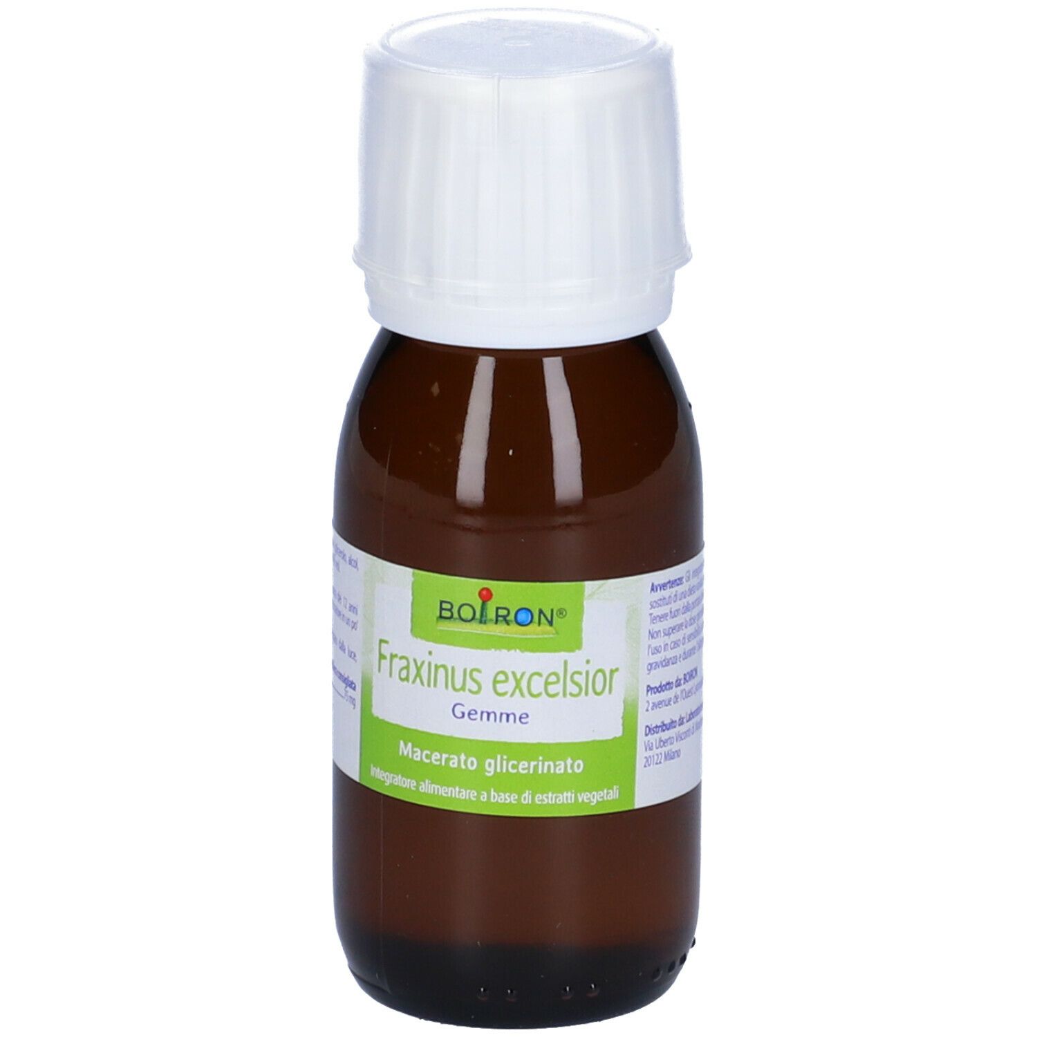 Flacone di vetro marrone con tappo bianco. L'etichetta indica BOIRON Fraxinus excelsior Gemme.