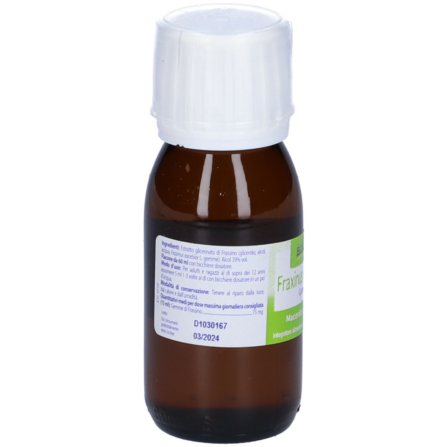 Flacone di vetro marrone con tappo bianco. L'etichetta indica BOIRON Fraxinus excelsior Gemme.