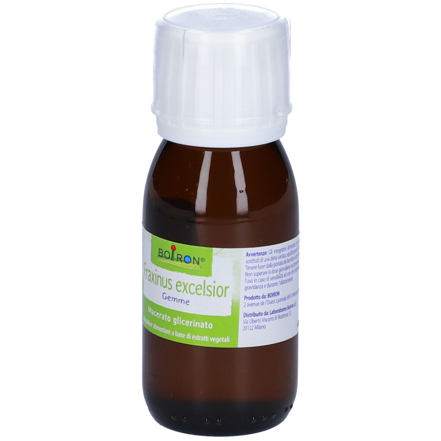 Flacone di vetro marrone con tappo bianco. L'etichetta indica BOIRON Fraxinus excelsior Gemme.