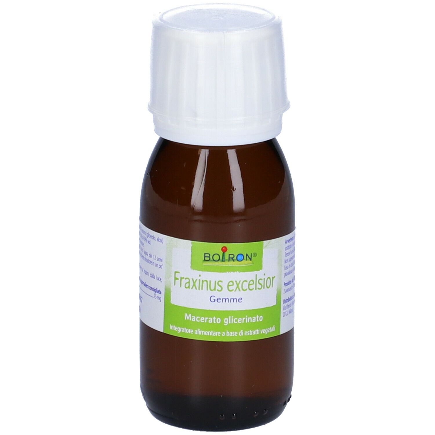 Flacone di vetro marrone con tappo bianco. L'etichetta indica BOIRON Fraxinus excelsior Gemme.