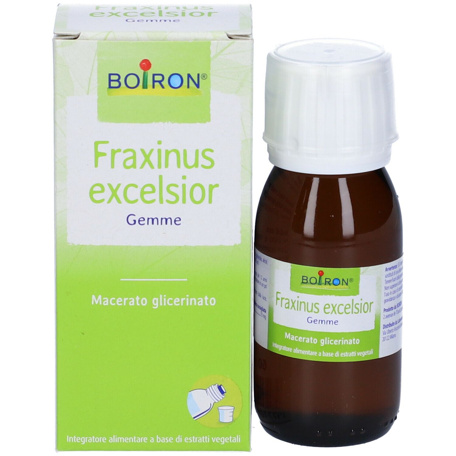Flacone di vetro marrone con tappo bianco ed etichetta. L'etichetta indica BOIRON Fraxinus excelsior Gemme.